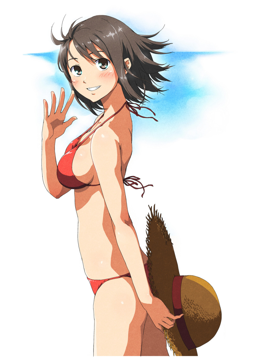 bikini black_eyes black_hair commentary_request female hat highres imao_kiiru original photoshop_(medium) short_hair solo straw_hat swimsuit waving