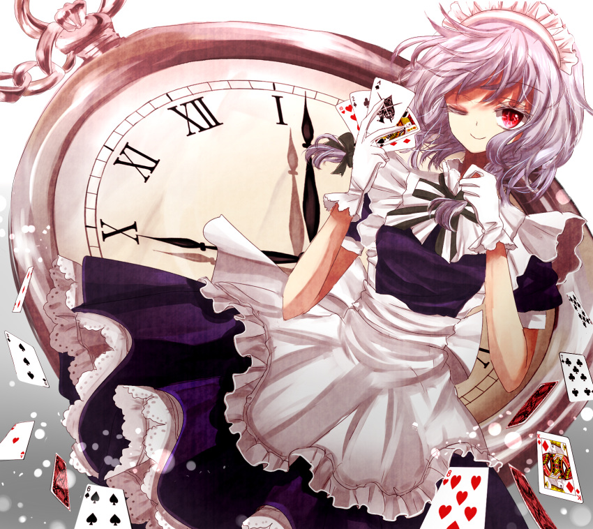 ace_(playing_card) ace_of_spades card clock commentary_request eight_of_hearts female floating_card gloves grey_hair highres holding holding_card izayoi_sakuya king_(playing_card) king_of_diamonds king_of_spades maid maid_headdress one_eye_closed playing_card pocket_watch red_eyes roman_numeral seven_of_clubs six_of_spades smile solo spade_(shape) ten_of_hearts ten_of_spades three_of_diamonds three_of_spades touhou two_of_clubs watch white_gloves yuki_201