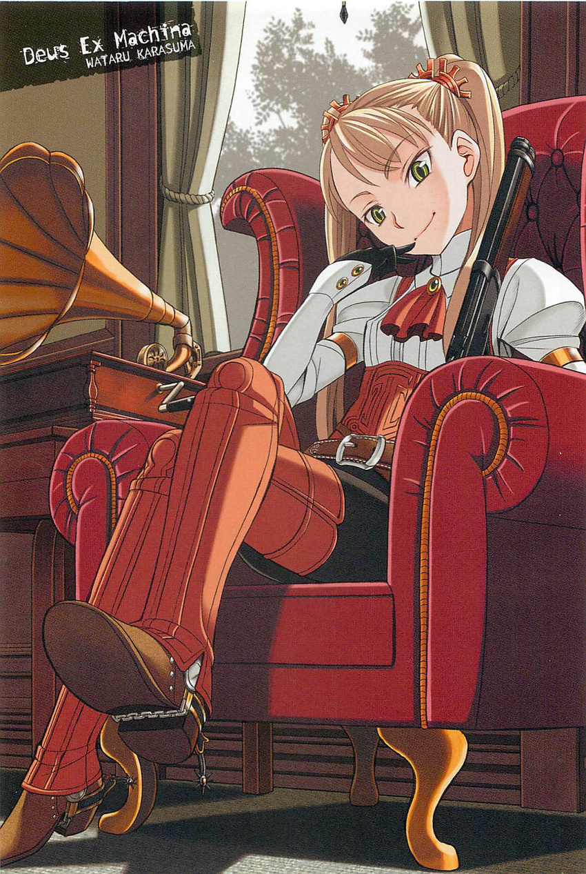 artist_name belt blonde_hair boots chair copyright_name corset cowboy_boots crossed_legs deus_ex_machina female green_eyes gun hand_on_own_chin highres karasuma_wataru machina_(deus_ex_machina) non-web_source official_art phonograph photoshop_(medium) rifle scan scan_artifacts sitting smirk solo spurs thighhighs tree twintails weapon window