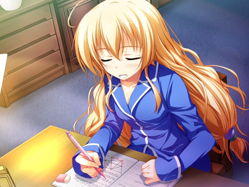 akatsuki_no_goei blonde_hair blue_eyes bow cleavage game_cg kurayashiki_tae long_hair pajamas sleeping tomose_shunsaku