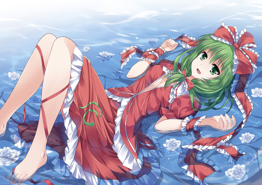 flowers green_hair jpeg_artifacts kagiyama_hina pico ribbons touhou water