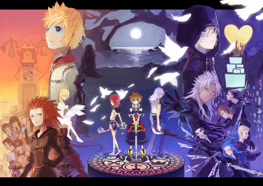 5girls 6+boys akizuno axel_(kingdom_hearts) bad_id bad_pixiv_id beard bird black_coat_(kingdom_hearts) black_hair blonde_hair blue_eyes blue_hair brown_eyes brown_hair card cloak clock clock_tower closed_eyes dark_skin demyx dice diz dual_persona eating eyepatch facial_hair final_fantasy final_fantasy_ix final_fantasy_viii food fuujin_(ff8) gloves green_eyes grey_hair hair_over_one_eye hat hayner highres ice_cream instrument jewelry kairi_(kingdom_hearts) keyblade kingdom_hearts kingdom_hearts_358/2_days kingdom_hearts_ii luxord moon multiple_boys multiple_girls namine necklace olette pence pointy_ears raijin_(mythology) red_hair riku_(kingdom_hearts) saix scar seifer_almasy sitar sora_(kingdom_hearts) tower vivi_ornitier xaldin xemnas xigbar xion_(kingdom_hearts) yellow_eyes