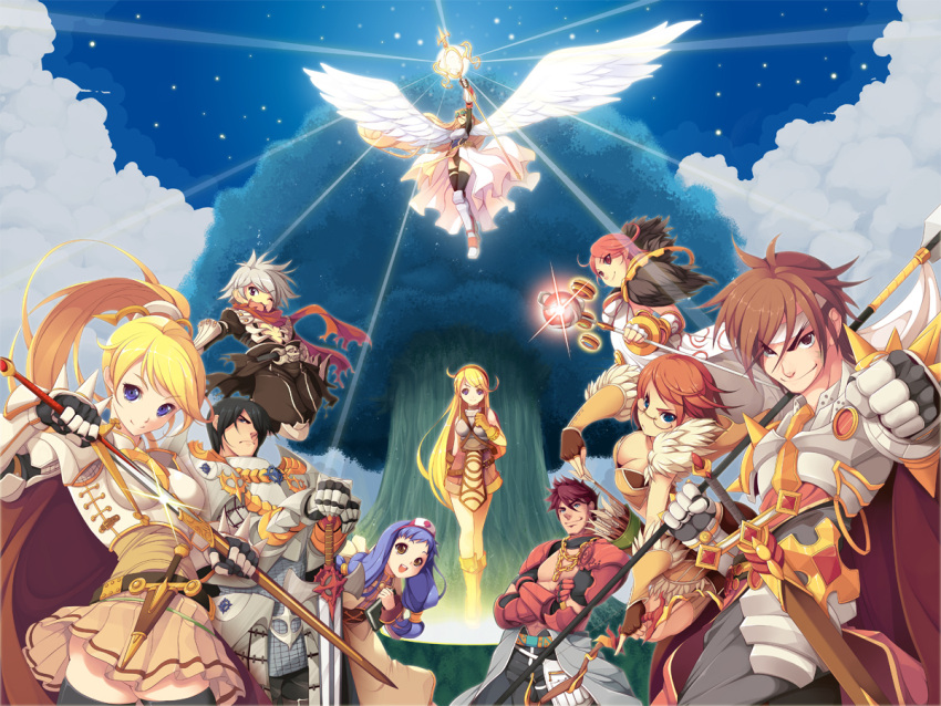 3boys 6+girls :3 :d acolyte_(ragnarok_online) angel_wings armor armored_dress arrow_(projectile) assassin_cross_(ragnarok_online) bad_id bad_pixiv_id black_hair blonde_hair blue_eyes blue_hair book bow_(weapon) brown_eyes brown_hair clenched_hand cloud dagger fingerless_gloves fur_trim glasses gloves grey_hair hat knife koflif large_wings long_hair looking_at_viewer lord_knight_(ragnarok_online) mechanic_(ragnarok_online) multiple_boys multiple_girls novice_(ragnarok_online) nurse_cap one_eye_closed open_mouth orange_hair photoshop_(medium) polearm ponytail quiver ragnarok_online red_hair royal_guard_(ragnarok_online) rune_knight_(ragnarok_online) scabbard scarf sheath short_hair sky smile sniper_(ragnarok_online) sorcerer_(ragnarok_online) spear staff star_(sky) sword tree twintails unsheathing valkyrie valkyrie_(ragnarok_online) very_long_hair weapon wings