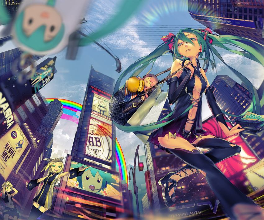 >_< +_+ 1boy 2girls american_flag aqua_hair bag black_skirt blonde_hair bow budweiser building chevrolet chinese_commentary city cityscape closed_eyes cloud commentary_request dan_evan day handbag hatsune_miku kagamine_len kagamine_rin long_hair megurine_luka miniskirt multiple_girls new_york_city photoshop_(medium) pleated_skirt rainbow real_world_location shorts skirt skyscraper takoluka thighhighs times_square topless_male twintails united_states vest vocaloid