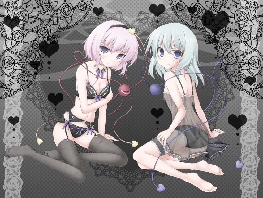 2girls aqua_hair arm_support ass babydoll bad_id bad_pixiv_id barefoot black_bra black_legwear blue_eyes blush bow bow_bra bow_panties bra breasts bridal_garter choker cleavage commentary_request eyeball feet flower frilled_bra frills garter_belt hairband heart highres komeiji_koishi komeiji_satori lingerie medium_breasts miyupon multiple_girls no_headwear panties pink_hair purple_eyes rose rose_bush see-through siblings sisters soles thighhighs third_eye thorns touhou underwear underwear_only