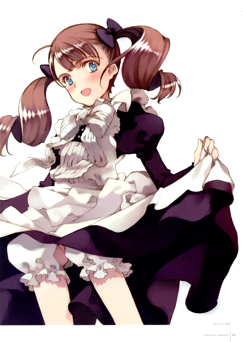 absurdres bloomers blue_eyes blush bow brown_hair crotchless_panties female hair_ribbon hairbow highres littlewitch lolita_fashion long_hair maid ooyari_ashito panties ribbon robinetta_ashley rondo_leaflet skirt skirt_lift smile solo twintails underwear upskirt