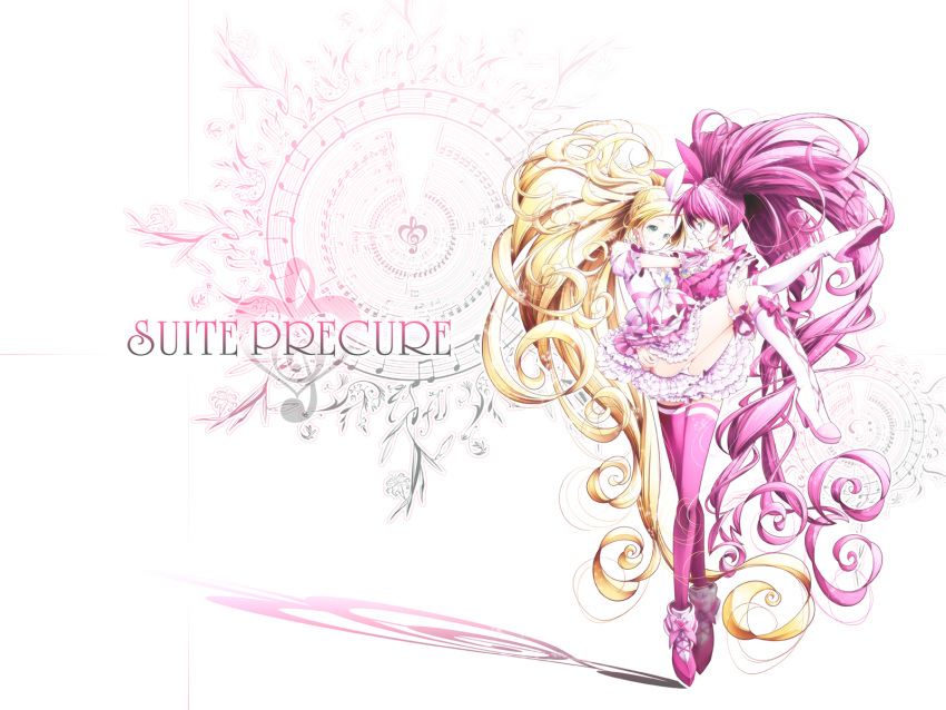 2girls bad_id bad_pixiv_id beamed_eighth_notes blonde_hair blue_eyes boots bow braid brooch carrying choker copyright_name crossed_legs cure_melody cure_rhythm eighth_note frills full_body g-clef_(suite_precure) green_eyes hair_ribbon hamuhamu highres houjou_hibiki jewelry knee_boots long_hair magical_girl minamino_kanade multiple_girls musical_note panties pantyshot pink_bow pink_hair pink_legwear precure princess_carry quarter_note ribbon shoes smile standing suite_precure thighhighs underwear very_long_hair watson_cross white_panties wrist_cuffs