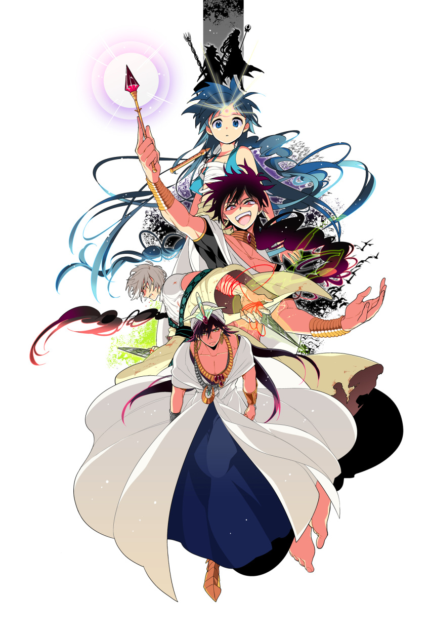 4boys aladdin_(magi) bad_id bad_pixiv_id black_hair blue_eyes blue_hair braid dalc_rose earrings flute highres instrument ja'far_(magi) jewelry judal long_hair magi_the_labyrinth_of_magic male_focus midriff multiple_boys red_eyes sinbad_(magi) single_braid string string_of_fate very_long_hair wand white_hair yellow_eyes