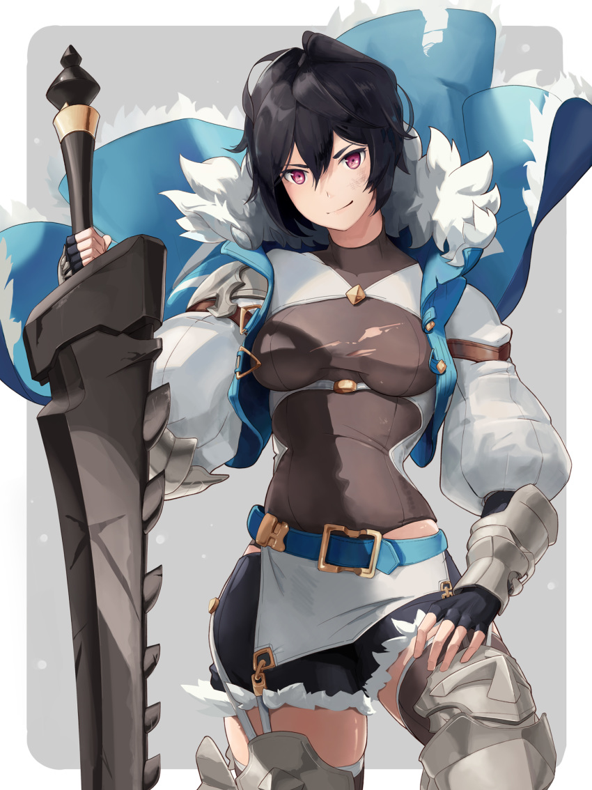 armored_boots belt black_gloves black_hair black_shorts blue_belt blue_vest boots breasts celliera commentary_request cowboy_shot dragalia_lost female fingerless_gloves fur-trimmed_vest fur_trim garter_straps gloves grey_shirt grey_thighhighs hair_between_eyes highres kodamazon long_sleeves looking_at_viewer medium_breasts microskirt puffy_long_sleeves puffy_sleeves purple_eyes shirt short_shorts shorts skirt smile smirk solo sword thighhighs thighhighs_under_boots torn_clothes torn_shirt vest weapon