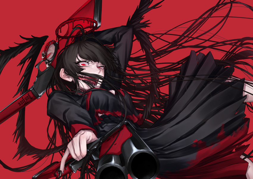 absurdly_long_hair absurdres bare_legs black_hair black_nails black_sailor_collar black_serafuku black_skirt blood blood_drip blood_halo blood_on_clothes blue_archive breasts cleavage commentary cowboy_shot dark_halo dual_wielding eyelashes female gun halo highres holding holding_gun holding_weapon joki_yoh large_breasts liquid_halo long_hair long_tongue nail_polish open_mouth pleated_skirt red_background red_eyes red_halo sailor_collar saliva school_uniform serafuku sharp_teeth shotgun simple_background skirt solo teeth tongue tongue_out torn_clothes tsurugi_(blue_archive) very_long_hair weapon