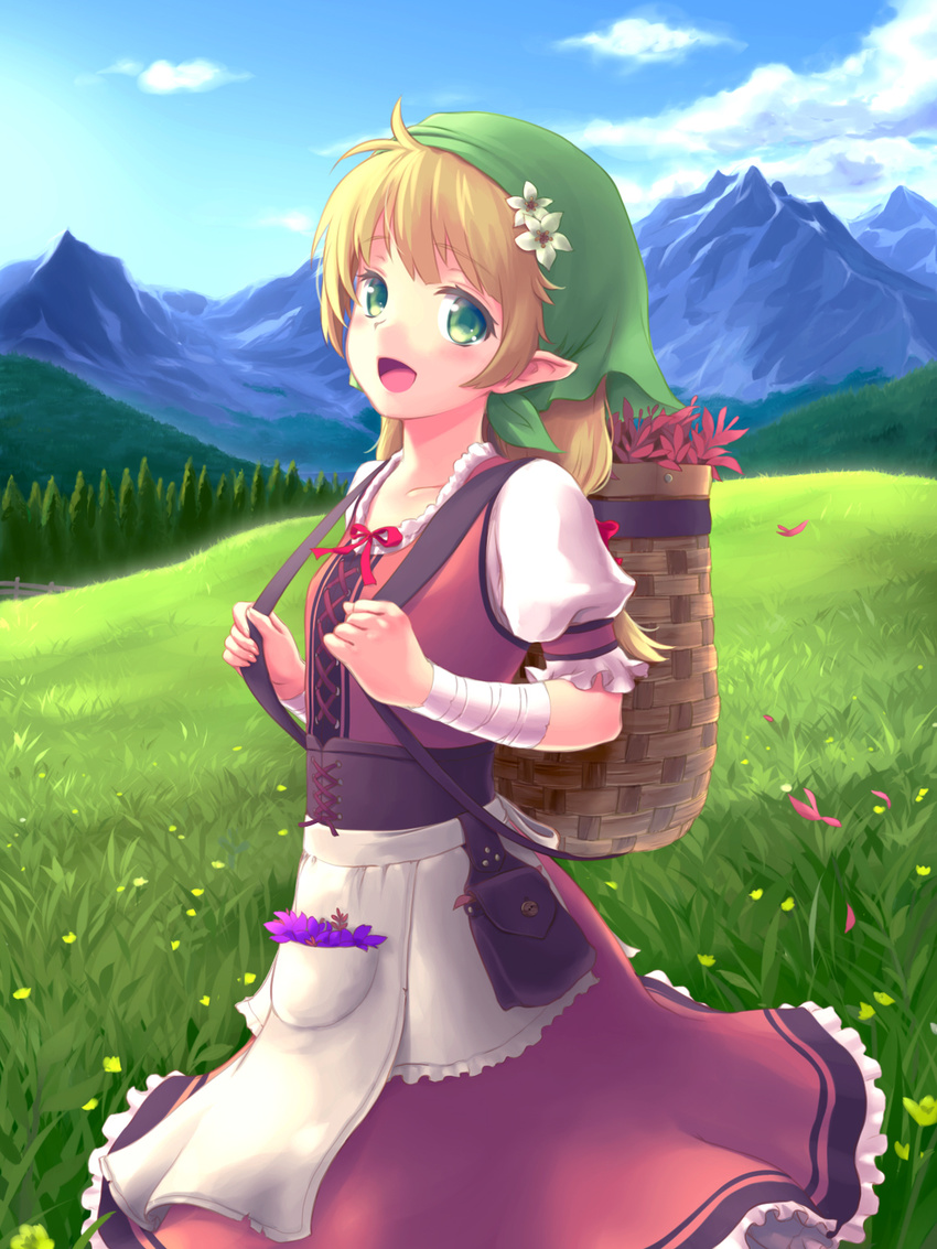 :d antenna_hair apophis_str apron bag bandaged_arm bandages blonde_hair blue_sky blush cloud commentary_request day dress elf female field flower frilled_dress frilled_sleeves frills grass green_eyes hair_flower hair_ornament hair_ribbon head_scarf herb highres long_hair looking_at_viewer low-tied_long_hair mountain mountainous_horizon open_mouth original outdoors pocket pointy_ears puffy_short_sleeves puffy_sleeves red_dress red_ribbon ribbon short_sleeves sky smile solo standing tareme waist_apron white_apron