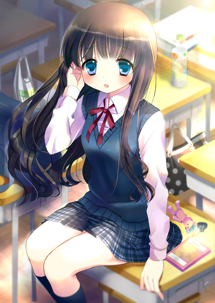 bag blue_eyes blush brown_hair classroom commentary_request desk female highres indoors long_hair necktie nojima_noko on_desk original plaid plaid_skirt ribbon school_bag school_desk shopping_bag sitting skirt solo sweater_vest thighs vest