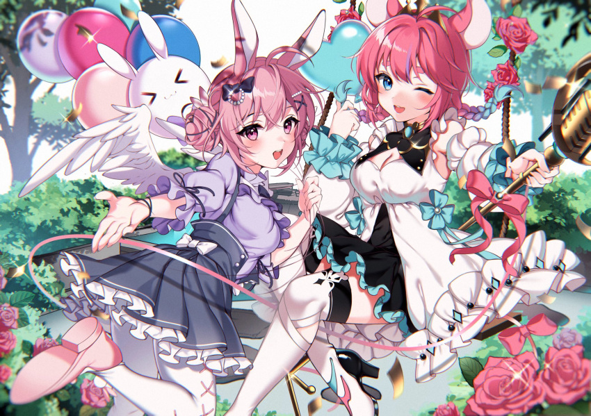 2girls animal_ears balloon black_skirt blue_eyes blue_hair braid breasts cleavage cleavage_cutout clothing_cutout commission double_bun dress emiri_kura english_commentary gradient_hair hair_bun highres holding holding_balloon indie_virtual_youtuber kiyochii medium_breasts mouse_ears mouse_girl multicolored_hair multiple_girls one_eye_closed open_hand pantyhose pink_footwear purple_eyes purple_shirt rabbit_ears rabbit_girl second-party_source shirt shirt_tucked_in skirt smile thighhighs twin_braids usagi_kira virtual_youtuber white_dress white_legwear wings