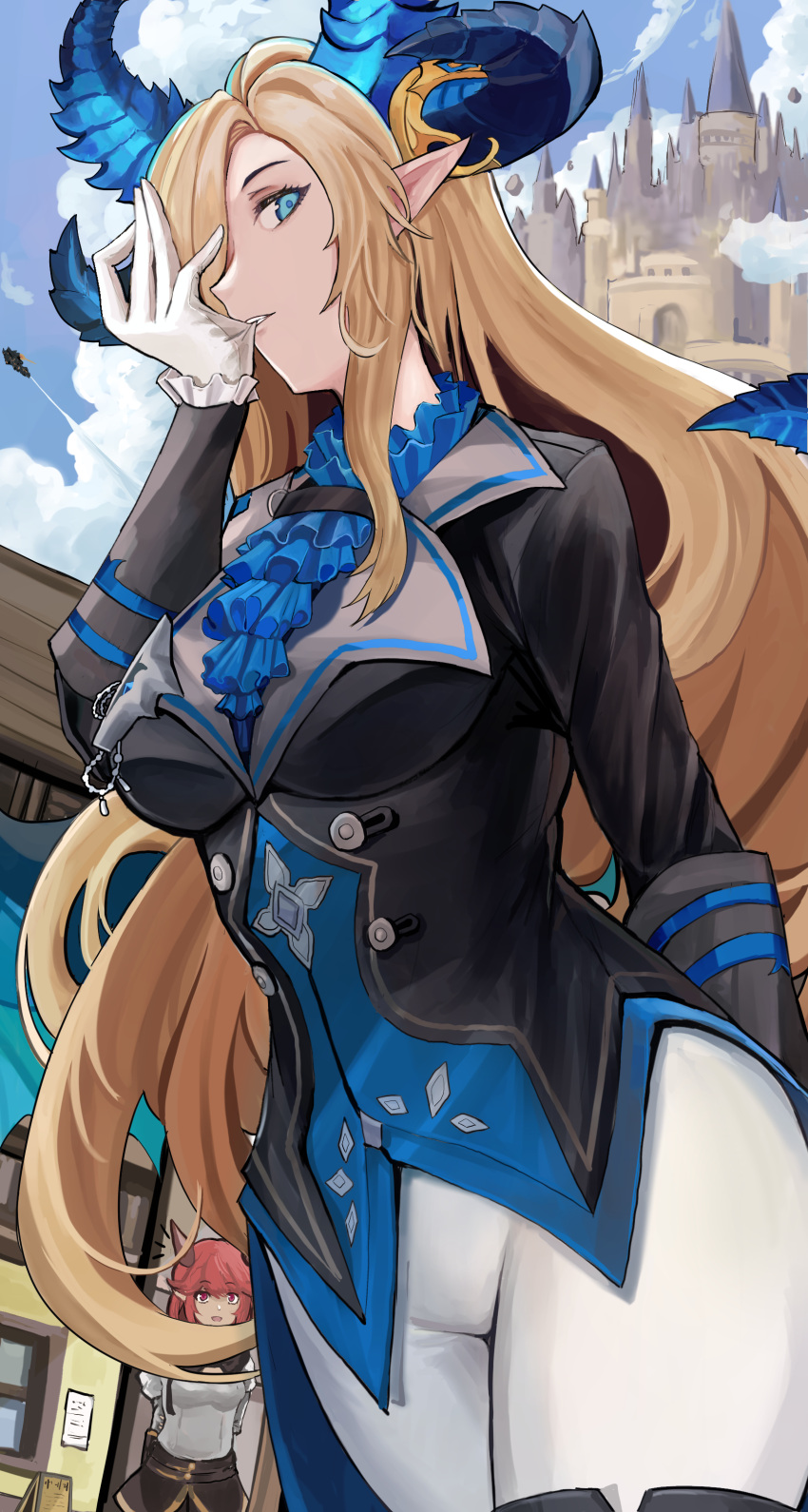 2girls absurdres android black_jacket blonde_hair blue_eyes blue_horns breasts castle cloud cloudy_sky commentary_request day demon_girl gloves guardian_tales highres horns jacket long_hair mecha_warrior_oghma medium_breasts multiple_girls noble_succubus_bianca red_hair sky solo_focus succubus_adventurer_yuze white_gloves white_legwear will2012tw