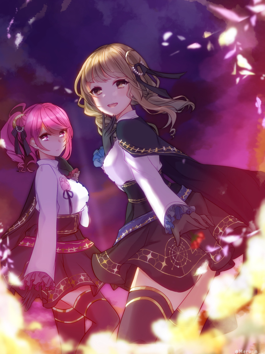 2girls :d ameya_erika bad_id bad_pixiv_id battle_girl_high_school black_bow black_gloves black_legwear black_skirt bow brown_eyes brown_hair closed_mouth cowboy_shot crescent crescent_hair_ornament flower frills gloves hair_ornament hairbow highres looking_at_viewer multiple_girls nanashima_aoi open_mouth pink_eyes pink_hair purple_background ren_kizaka_0403 shirt short_hair side_ponytail skirt smile thighhighs twitter_username white_shirt zettai_ryouiki