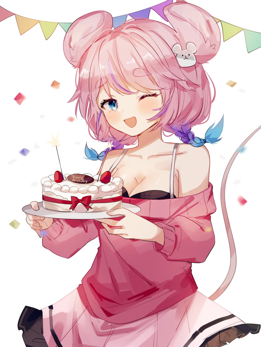 animal_ears black_bra blue_eyes blush bra braid breasts cake cleavage collarbone commission emiri_kura english_commentary female food fruit gradient_hair highres holding holding_plate indie_virtual_youtuber medium_breasts mouse_ears mouse_girl mouse_hair_ornament mouse_tail multicolored_hair off-shoulder_sweater off_shoulder one_eye_closed open_mouth pink_hair pink_skirt pink_sweater plate second-party_source skirt smile solo sorani_(kaeru0768) strawberry sweater tail twin_braids underwear virtual_youtuber