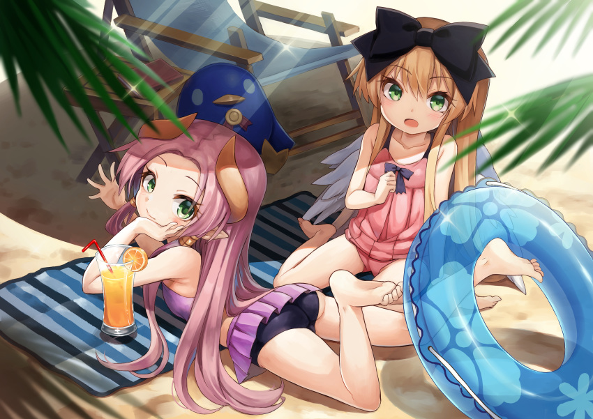 2girls absurdres aruma_(shinrabanshou) bare_legs barefoot beach blonde_hair day fuyu_no_kareha green_eyes hair_ribbon highres horns innertube juice looking_at_viewer looking_back multiple_girls one-piece_swimsuit orange_juice outdoors pink_one-piece_swimsuit pointy_ears ribbon shinrabanshou single_horn stuffed_animal stuffed_penguin stuffed_toy summer swim_ring swimsuit terasu_(shinrabanshou) wings