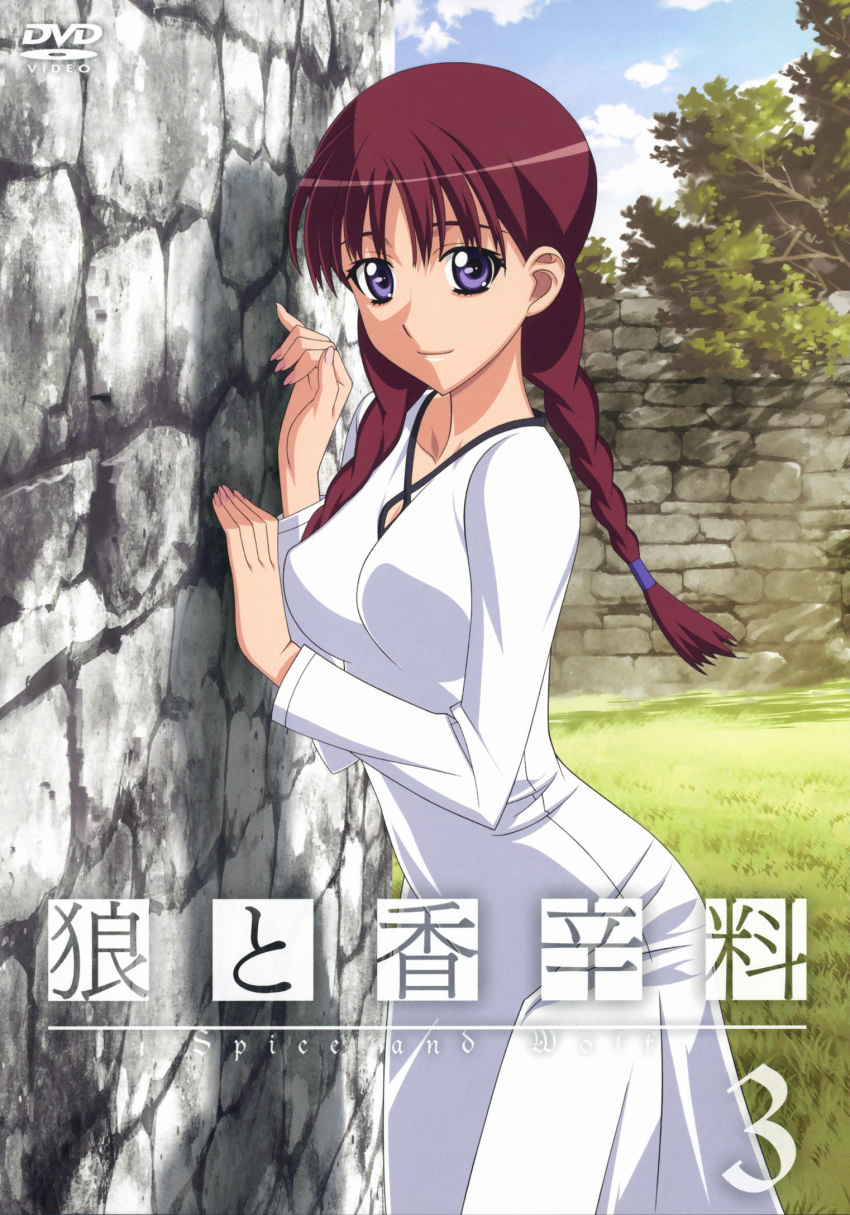 against_wall braid breasts brick_wall chloe_(spice_and_wolf) closed_mouth cloud copyright_name cover cowboy_shot day dress dvd_cover female fingernails from_side grass hair_over_shoulder hair_tie highres kuroda_kazuya light_smile logo long_fingernails long_hair looking_at_viewer medium_breasts nail_polish nature outdoors parted_bangs pink_nails purple_eyes purple_hair scan shadow sky smile solo spice_and_wolf standing tree twin_braids white_dress