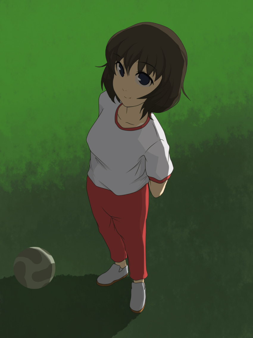 ball blue_eyes brown_hair captain_tsubasa commentary_request europass female fujisawa_yoshiko gym_uniform highres pu-chin short_hair smile soccer_ball solo