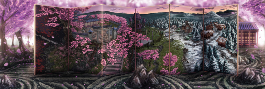 absurdres architecture cherry_blossoms cloud commentary_request dusk east_asian_architecture forest gap_(touhou) gensokyo hakugyokurou highres house incredibly_absurdres mansion md5_mismatch mountain nature no_humans outdoors photoshop_(medium) rock_garden ruins saigyou_ayakashi scenery sky snow stairs touhou tower tree village zucreelo