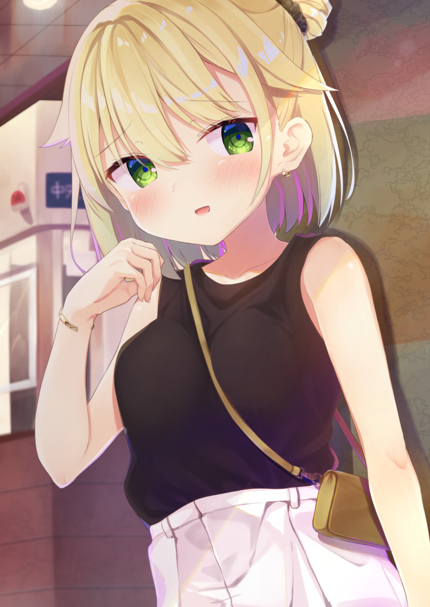 :d bag bare_arms bare_shoulders black_shirt blonde_hair blush breasts collarbone commentary_request female green_eyes hair_between_eyes hair_bun hand_up highres indoors kariya_wakana looking_at_viewer medium_breasts multicolored_hair pink_hair sanoba_witch segaxtu shirt shoulder_bag skirt sleeveless sleeveless_shirt smile solo streaked_hair white_skirt