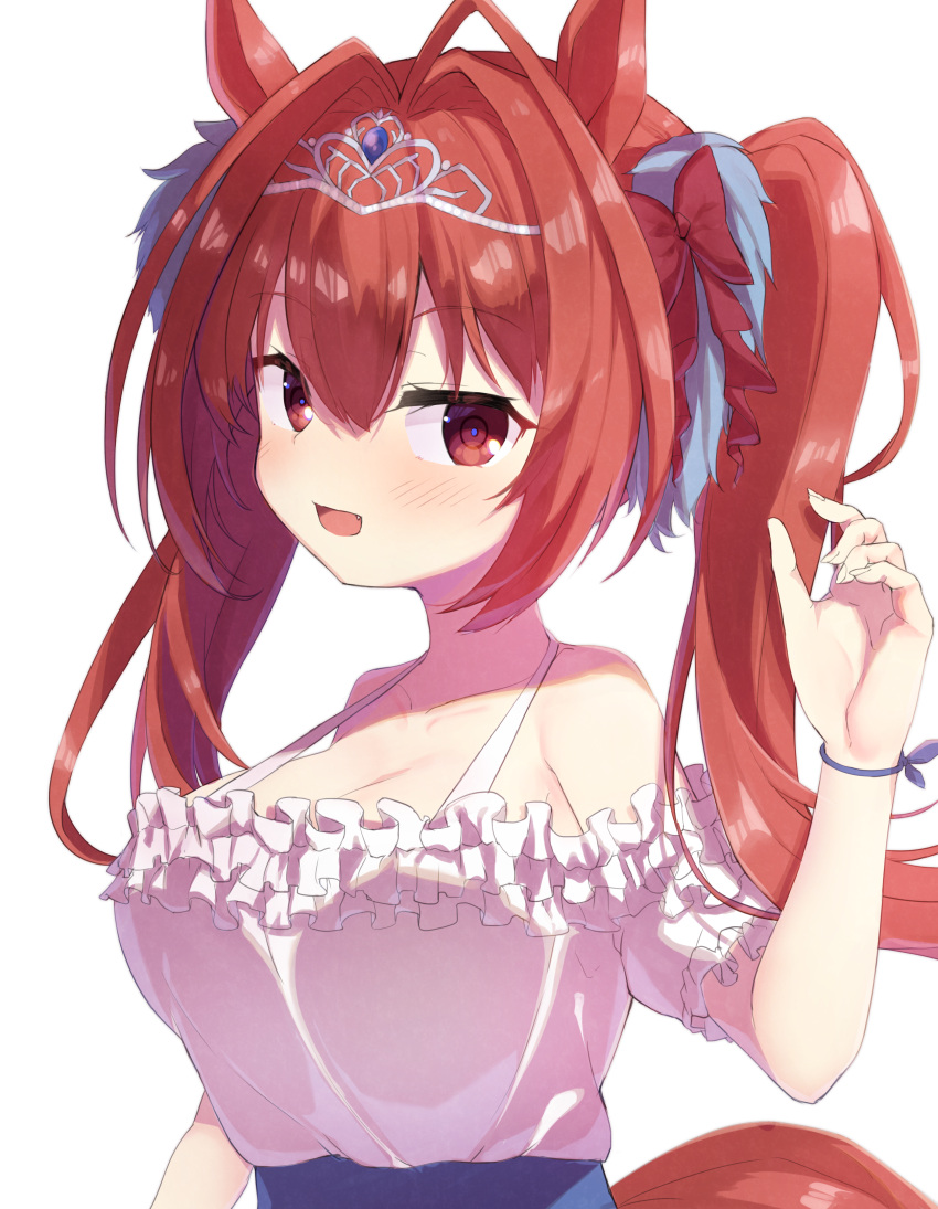 :d absurdres animal_ears blue_skirt blush bow breasts brown_hair cleavage commentary_request daiwa_scarlet_(umamusume) female frilled_shirt frills hair_between_eyes hair_intakes hairbow hand_up high-waist_skirt highres horse_ears horse_girl horse_tail large_breasts long_hair looking_at_viewer oerba_yun_fang off-shoulder_shirt off_shoulder puffy_short_sleeves puffy_sleeves red_bow red_eyes segaxtu shirt short_sleeves simple_background skirt smile solo tail tiara twintails umamusume upper_body very_long_hair white_background white_shirt