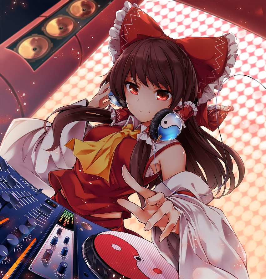 ascot audio_visualizer bow brown_hair closed_mouth collared_shirt commentary_request detached_sleeves dj dutch_angle female hair_tubes hairbow hakurei_reimu headphones highres indoors long_hair midori_(misuriru8) mixing_console nontraditional_miko orb red_bow red_eyes red_shirt shirt smile solo touhou turntable upper_body wide_sleeves yellow_ascot yin_yang yin_yang_orb