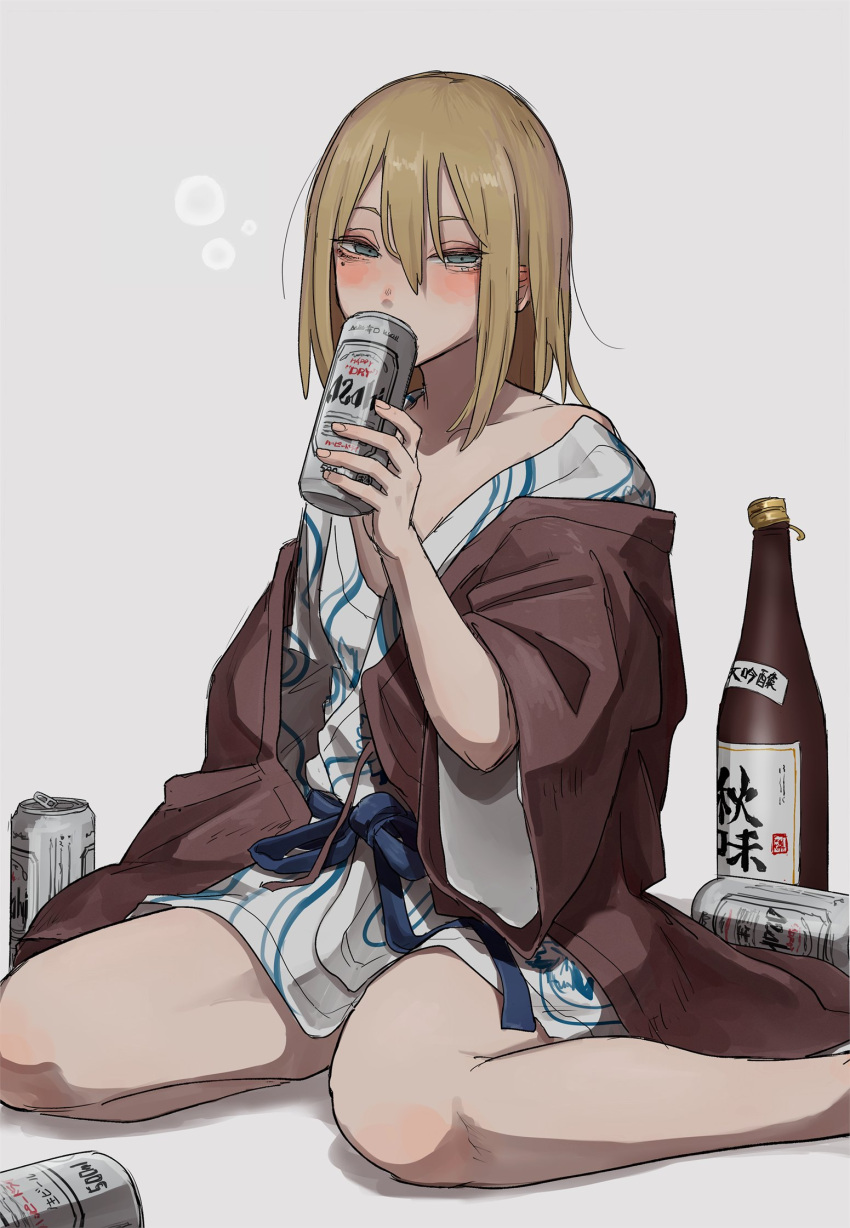 aki_(tabao) asahi_breweries bath_yukata beer_can blonde_hair blush bottle can covered_mouth drink_can drunk female hair_between_eyes half-closed_eyes highres holding holding_can japanese_clothes kimono kimono_pull looking_at_viewer mole mole_under_eye original sake_bottle simple_background single_bare_shoulder sitting solo squeans tabao wariza white_background yukata