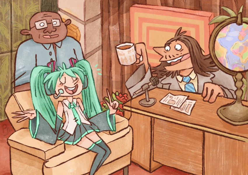 2boys closed_eyes coffee_mug crossover cup desk detached_sleeves eric_andre female formal globe green_hair hannibal_buress hatsune_miku headset highres interview long_hair mug multiple_boys necktie open_mouth skirt suit sylaride the_eric_andre_show thighhighs twintails u_u very_long_hair vocaloid