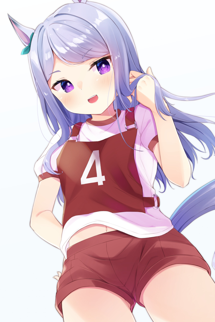 :d absurdres animal_ears bib blue_hair blush commentary_request ear_ribbon female green_ribbons gym_shirt gym_shorts gym_uniform hand_in_own_hair hand_up highres horse_ears horse_girl horse_tail long_hair mejiro_mcqueen_(umamusume) navel original_race_uniform_(umamusume) puffy_short_sleeves puffy_sleeves purple_eyes purple_hair race_bib red_shorts ribbon segaxtu shirt short_shorts short_sleeves shorts simple_background smile solo swept_bangs tail umamusume white_background white_shirt