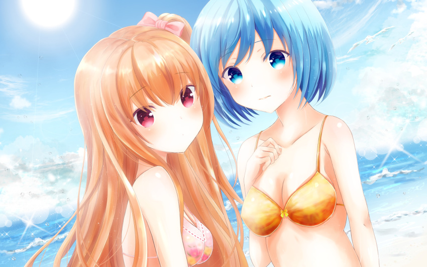 2girls asahina_momoko bare_arms bare_shoulders bikini bird blue_eyes blue_hair blue_sky blush bow breasts brown_hair cleavage closed_mouth cloud collarbone commentary_request day floral_print girlfriend_(kari) hair_ribbon hand_on_own_chest hazuki_yuzuko highres long_hair looking_back masa_(mirage77) medium_breasts multiple_girls ocean partial_commentary pink_bikini pink_ribbon print_bikini red_eyes ribbon side_ponytail sky sun sunlight swimsuit upper_body water water_drop yellow_bikini yellow_bow