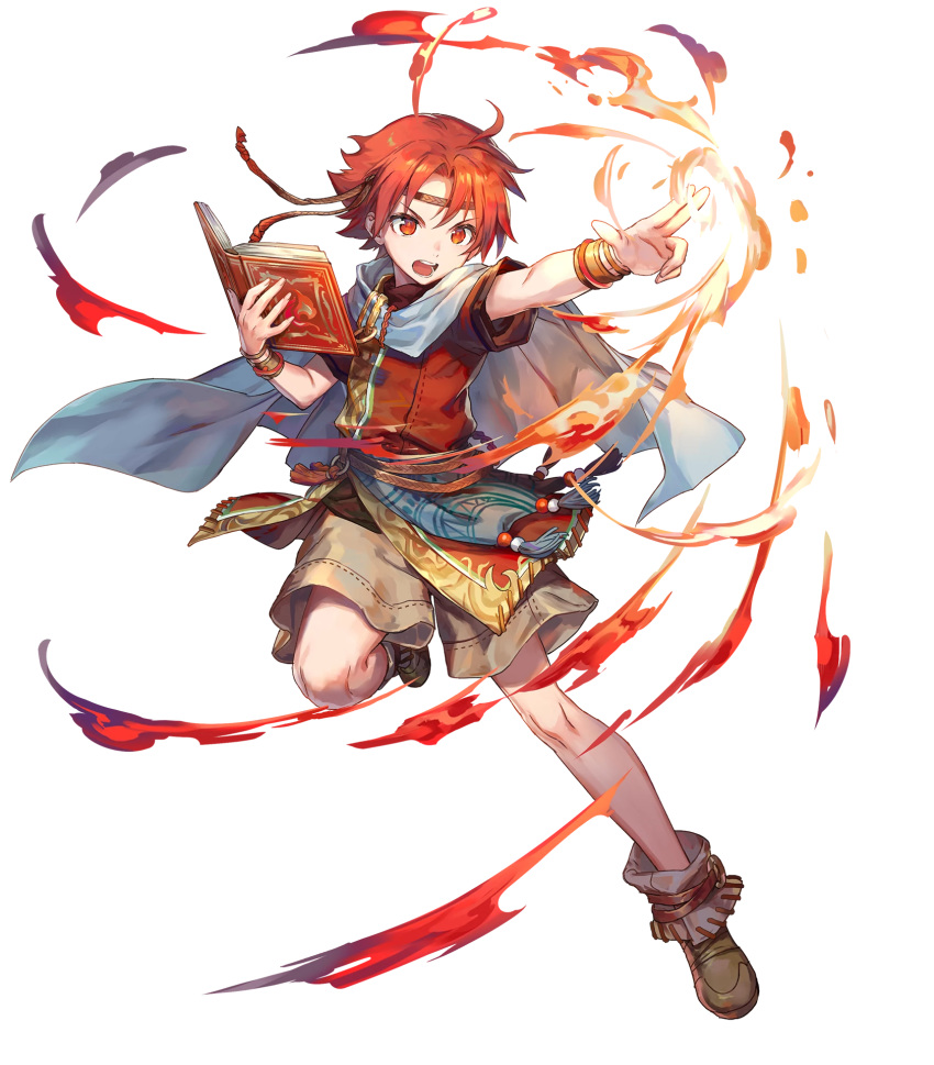 1boy azu-taro belt book boots bracelet cape circlet ewan_(fire_emblem) fire fire_emblem fire_emblem:_the_sacred_stones fire_emblem_heroes full_body highres jewelry male_focus official_art open_mouth red_eyes red_hair solo teeth transparent_background