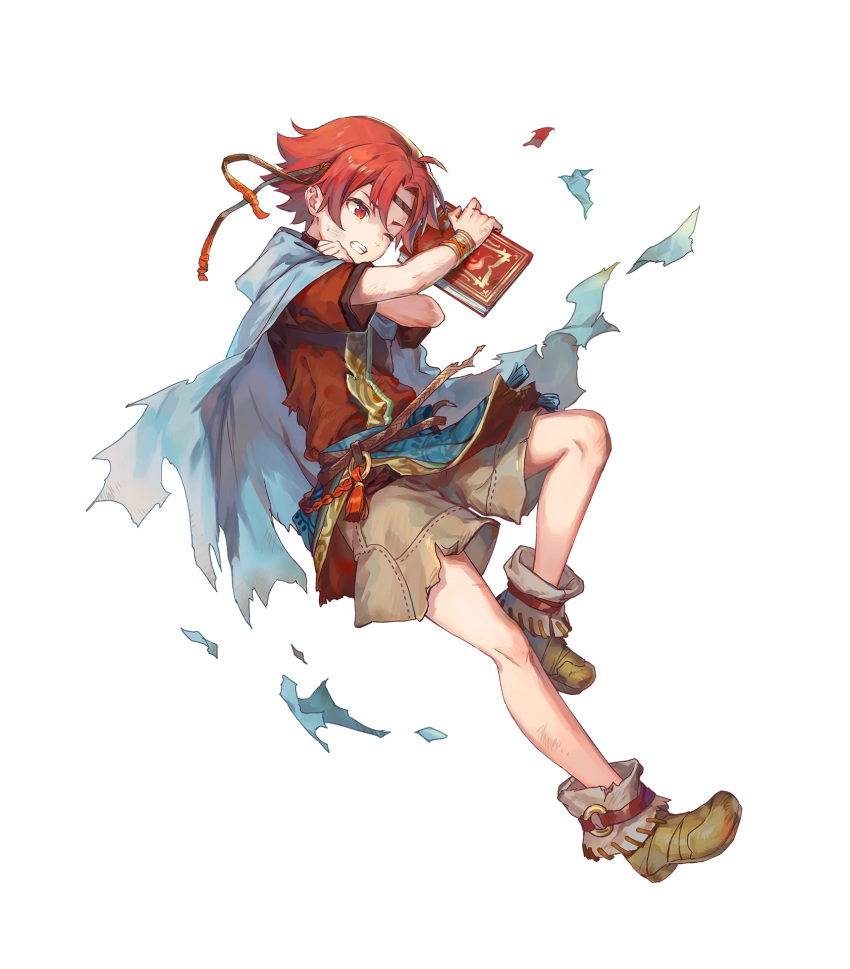 1boy azu-taro belt book boots bracelet cape circlet ewan_(fire_emblem) fire_emblem fire_emblem:_the_sacred_stones fire_emblem_heroes full_body highres jewelry male_focus official_art one_eye_closed red_eyes red_hair solo teeth torn_clothes transparent_background