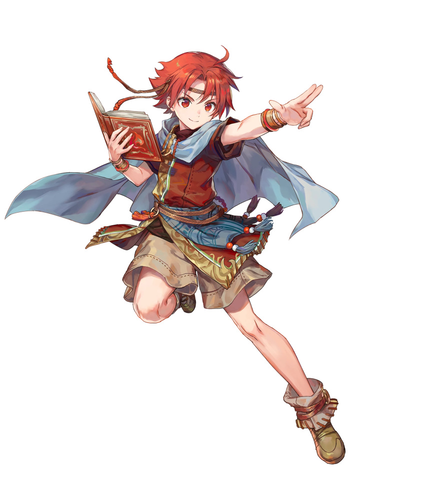 1boy azu-taro belt book boots bracelet cape circlet ewan_(fire_emblem) fire_emblem fire_emblem:_the_sacred_stones fire_emblem_heroes full_body highres jewelry male_focus official_art red_eyes red_hair solo transparent_background