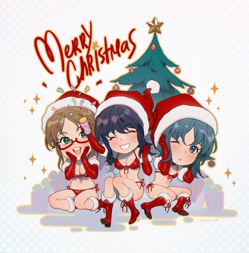 3girls bikini black_hair blue_eyes boots breasts brown_hair chibi christmas christmas_present christmas_star christmas_tree cleavage closed_eyes commentary commission confetti coppelion elbow_gloves front-tie_bikini_top front-tie_top fukasaku_aoi full_body fur_trim gift glasses gloves green_eyes green_hair happy hat highres merry_christmas mixed-language_commentary multiple_girls naruse_ibara navel nomura_taeko one_eye_closed open_mouth party_popper polka_dot polka_dot_background red_footwear red_gloves santa_bikini santa_hat second-party_source side-tie_bikini_bottom sitting smile star_(symbol) swimsuit twitter_username weyowang