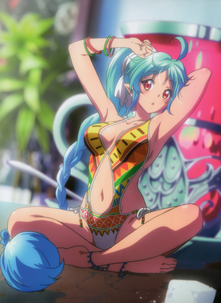 :o ahoge anklet aqua_hair arm_behind_head armpits arms_up bare_shoulders barefoot beads blue_hair blurry blurry_background blush bracelet braid braided_ponytail breasts breasts_apart casual_one-piece_swimsuit clenched_hand clothing_cutout collarbone crossed_legs cup day depth_of_field female full_body gradient_hair hair_ornament hair_ribbon high_ponytail highres hip_focus indian_style jewelry long_hair long_legs looking_at_viewer medium_breasts mini_person minigirl multicolored_clothes multicolored_hair multicolored_swimsuit musaigen_no_phantom_world navel navel_cutout official_art one-piece_swimsuit open_mouth outdoors parted_bangs plant pointy_ears print_swimsuit red_eyes ribbon ruru_(phantom_world) saucer scan side-tie_swimsuit sideboob sidelocks single_braid sitting solo source_request spoon spread_legs sugar_cube sunlight surprised swimsuit tan teacup very_long_hair waifu2x white_ribbon wide-eyed