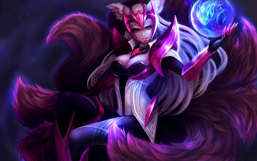 ahri_(league_of_legends) alternate_costume alternate_eye_color alternate_hair_color animal_ears armor bodysuit boots breasts challenger_ahri claws cleavage cleavage_cutout clothing_cutout commentary_request facial_mark female forehead_protector fox_ears fox_tail from_side gem gloves glowing greaves high_collar holding knee_boots knee_up large_breasts league_of_legends light_smile ling_(vivianling) lipstick long_hair looking_at_viewer makeup multiple_tails night night_sky orb outdoors parted_lips pauldrons photoshop_(medium) red_eyes shoulder_armor sideboob sitting sky smile solo tail thighlet vambraces very_long_hair whisker_markings white_hair