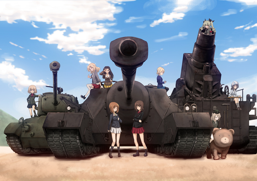 6+girls anchovy_(girls_und_panzer) anzio_military_uniform belt beret black_socks blazer blonde_hair blue_eyes blue_headwear blue_skirt boots braid brown_eyes brown_hair chi-hatan_military_uniform closed_eyes commentary cup darjeeling_(girls_und_panzer) day drill_hair girls_und_panzer green_hair grey_jacket hair_ribbon hat holding instrument jacket jinguu_(4839ms) kantele karl_gerat katyusha_(girls_und_panzer) kay_(girls_und_panzer) keizoku_school_uniform kiddie_ride kuromorimine_military_uniform loafers long_hair long_sleeves m26_pershing mika_(girls_und_panzer) military military_uniform military_vehicle miniskirt mortar_(weapon) motor_vehicle multiple_girls necktie nishi_kinuyo nishizumi_maho nishizumi_miho no_headwear on_vehicle one_eye_closed ooarai_military_uniform outdoors pantyhose pleated_skirt pravda_school_uniform red_skirt ribbon sam_browne_belt saunders_school_uniform school_uniform selection_university_military_uniform shimada_arisu shoes short_hair sitting skirt socks st._gloriana's_school_uniform standing sweater t28_super_heavy_tank tank tank_destroyer teacup thighhighs thumbs_up trait_connection tulip_hat turtleneck twin_drills twintails uniform white_legwear white_skirt yellow_skirt