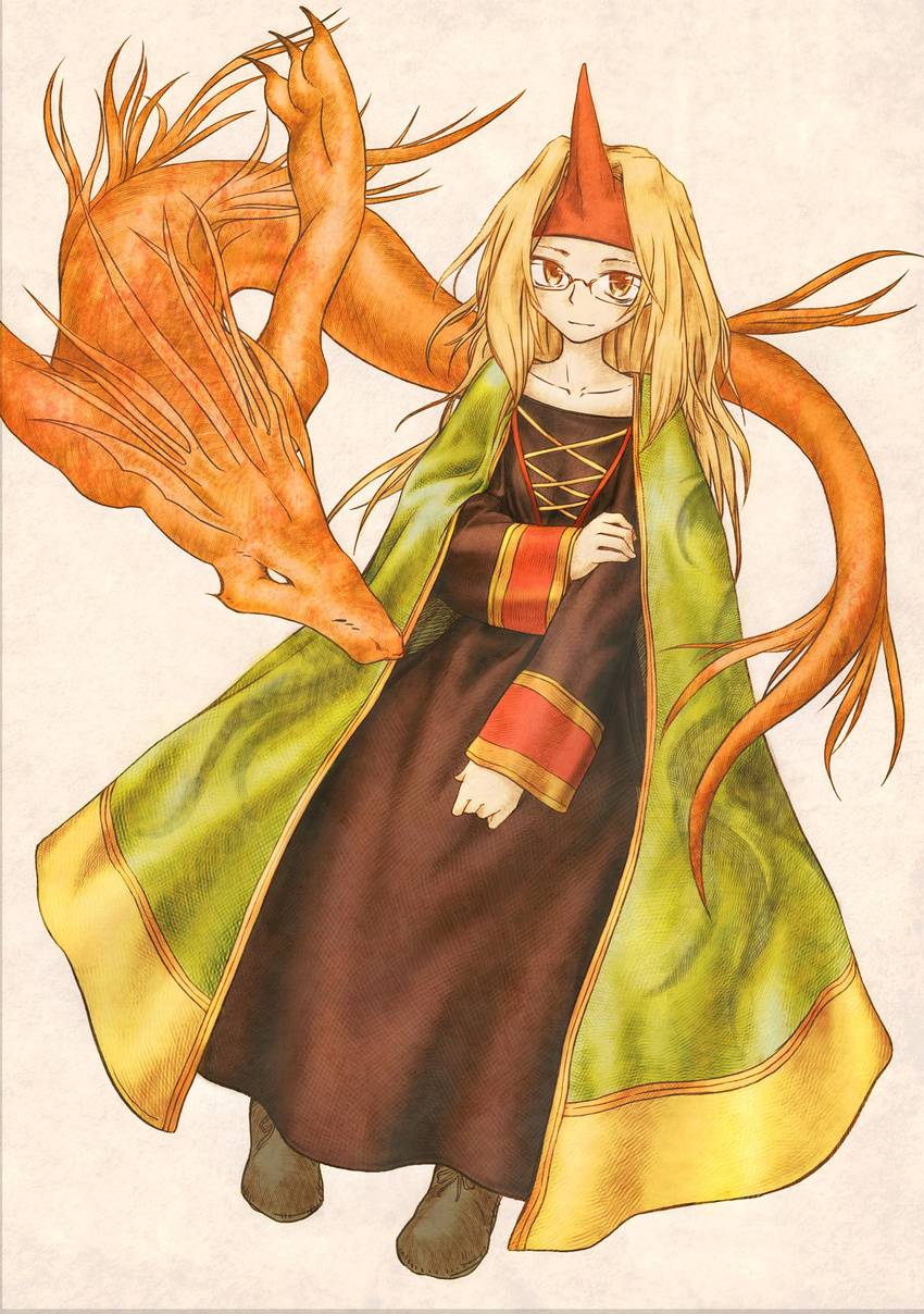 blonde_hair breasts commentary_request female final_fantasy final_fantasy_tactics highres horns kurohina long_hair photoshop_(medium) robe salamander shoes single_horn solo summoner_(fft)