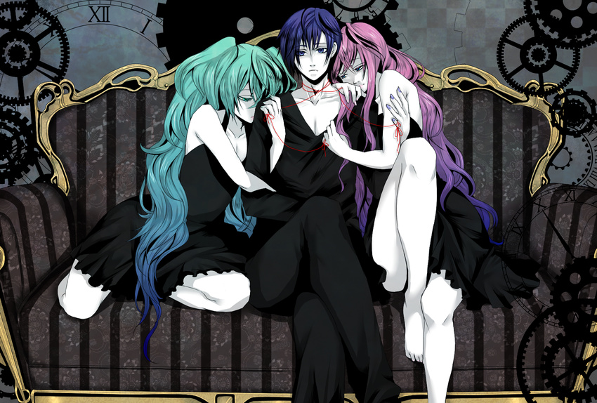 1boy 2girls acute_(vocaloid) alternate_costume alternate_hairstyle aqua_hair bad_id bad_pixiv_id barefoot black_dress black_shirt blue_eyes blue_hair clock couch dress green_eyes hatsune_miku highres kaito_(vocaloid) long_hair long_sleeves megurine_luka multiple_girls omaru pale_skin pink_hair shirt sitting string string_of_fate very_long_hair vocaloid