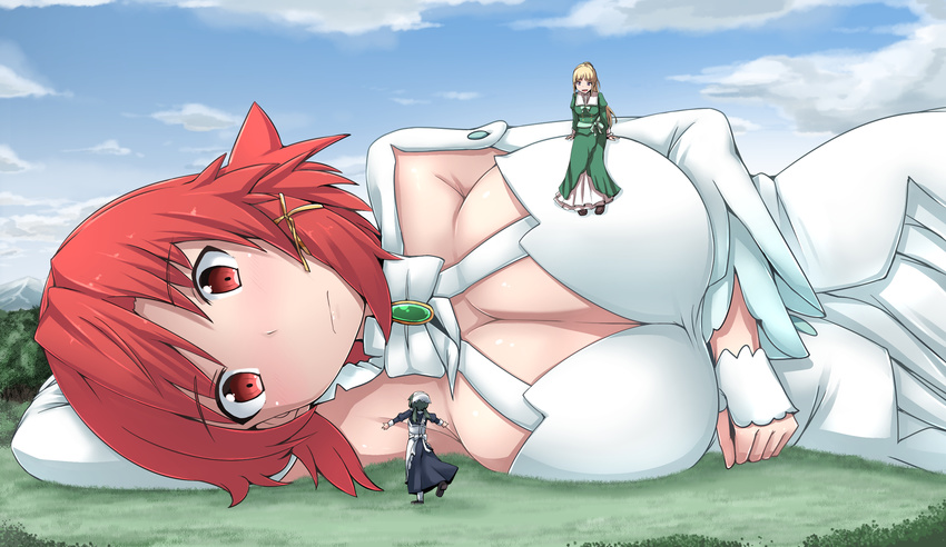 3girls blonde_hair breasts cleavage cloud commentary_request day frown giant giantess highres izetta large_breasts looking_at_viewer lotte_(shuumatsu_no_izetta) multiple_girls ortfine_fredericka_von_eylstadt red_eyes red_hair short_hair shuumatsu_no_izetta sky smile terada_ochiko