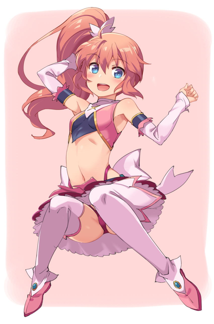 :d amatsuki_meguru angel_rose arm_up bare_shoulders blue_eyes breasts commentary_request detached_sleeves female full_body hair_between_eyes highres long_hair looking_at_viewer magical_girl michairu midriff navel open_mouth orange_hair petticoat pink_background pink_footwear shoes side_ponytail simple_background skirt small_breasts smile solo thighhighs twin_angel twin_angel_break white_thighhighs