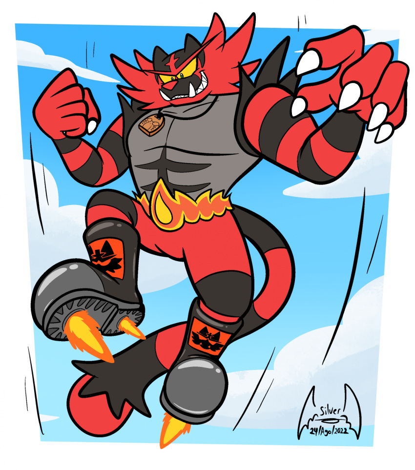 boots clothing cloud flying footwear generation_7_pokemon hi_res incineroar jewelry male nintendo pendant pokemon pokemon_(species) rocket_boots solo soul-silver-dragon tahu_(incineroar)