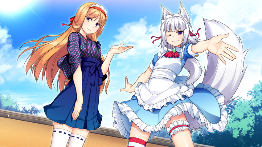 2boys animal_ears aogiri_penta apron blue_dress blue_sky blunt_bangs bridal_garter cloud cloudy_sky day dress fox_boy fox_ears fox_tail frilled_apron frilled_dress frilled_hairband frills game_cg hair_ribbon hairband hakama hakama_skirt japanese_clothes josou_shinwa long_hair maid male_focus multiple_boys one_eye_closed orange_hair otoko_no_ko outdoors outstretched_arm outstretched_hand purple_eyes red_ribbon ribbon ribbon-trimmed_legwear ribbon_trim single_thighhigh skirt sky smile standing striped_clothes striped_thighhighs subaru_(josou_shinwa) sun sunlight tail tail_raised tamaki_(josou_jinja) tasuki thighhighs tree white_hair white_legwear yellow_eyes zettai_ryouiki