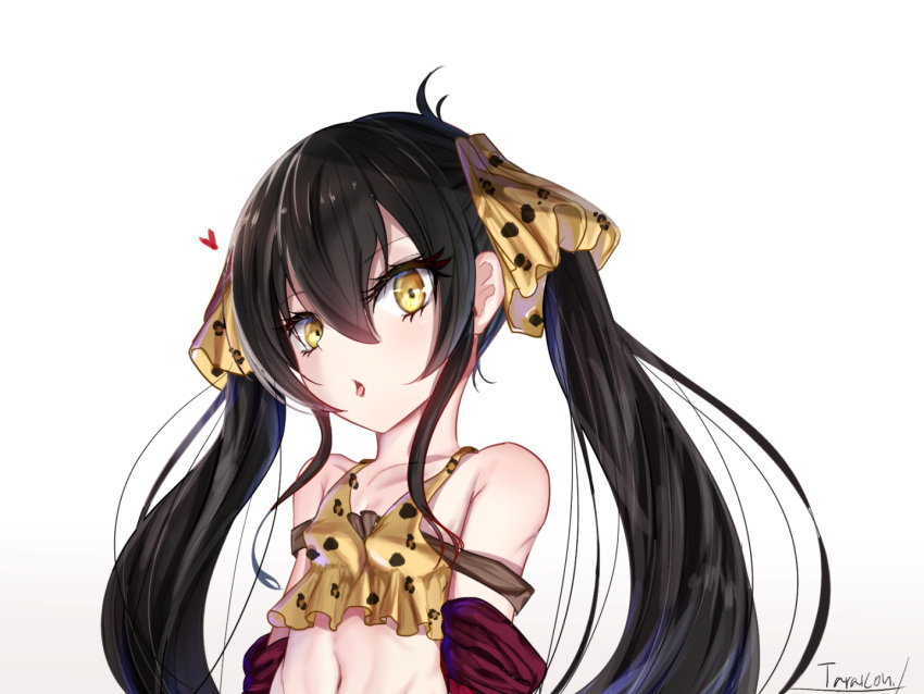 ahoge animal_print bare_shoulders black_hair collarbone commentary_request eyelashes female flat_chest gradient_background hair_between_eyes hair_ribbon heart idolmaster idolmaster_cinderella_girls jacket leopard_print long_hair looking_at_viewer matoba_risa midriff navel off_shoulder open_mouth pink_jacket ribbon sidelocks signature sleeveless solo tank_top tarakon tongue tongue_out twintails upper_body white_background yellow_eyes