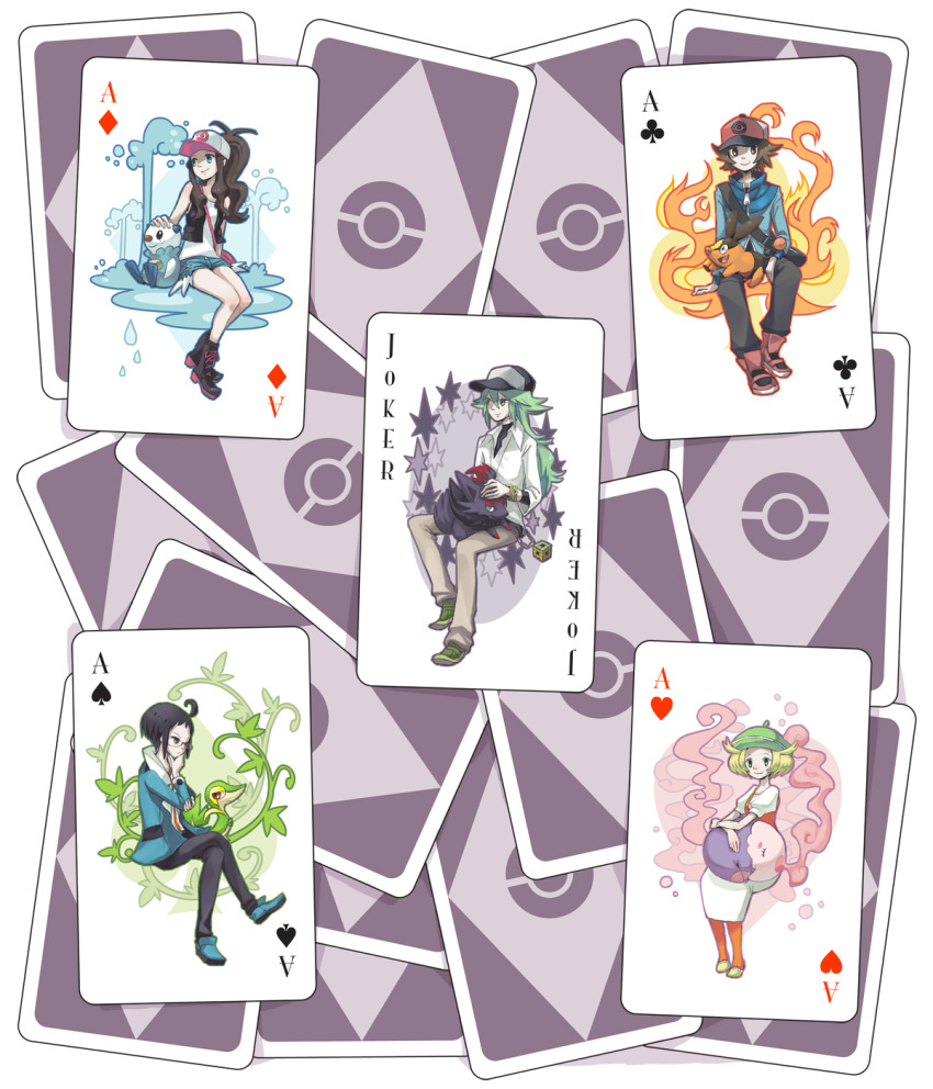 2girls 3boys ace_(playing_card) ahoge bag baseball_cap beret bianca_(pokemon) boots card card_(medium) cheren_(pokemon) commentary_request denim denim_shorts glasses hat highres hilbert_(pokemon) hilda_(pokemon) jacket joker_(playing_card) looking_away multiple_boys multiple_girls munna n_(pokemon) okabe orange_legwear oshawott pantyhose photoshop_(medium) playing_card pokemon pokemon_(creature) pokemon_bw shorts shoulder_bag sitting smile snivy starter_pokemon_trio tepig themed_playing_card vest zorua