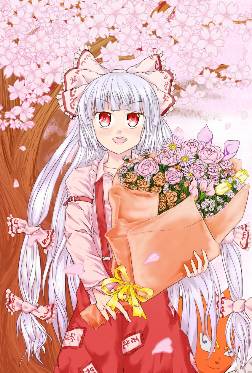 :d amatou3 blush bobobo-bo_bo-bobo bouquet bow cherry_blossoms commentary_request crossover don_patch female flower fujiwara_no_mokou hair_ribbon hairbow highres long_hair ofuda open_mouth pants petals red_eyes ribbon smile solo suspenders touhou tree very_long_hair white_hair