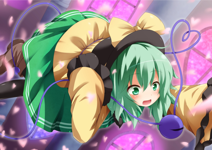 arm_up blush boots chro commentary_request eyeball female glowing green_eyes green_hair hand_on_headwear hat hat_ribbon heart heart_of_string komeiji_koishi long_sleeves open_mouth outstretched_arm ribbon shirt short_hair skirt sleeves_past_wrists solo third_eye touhou wide-eyed wide_sleeves