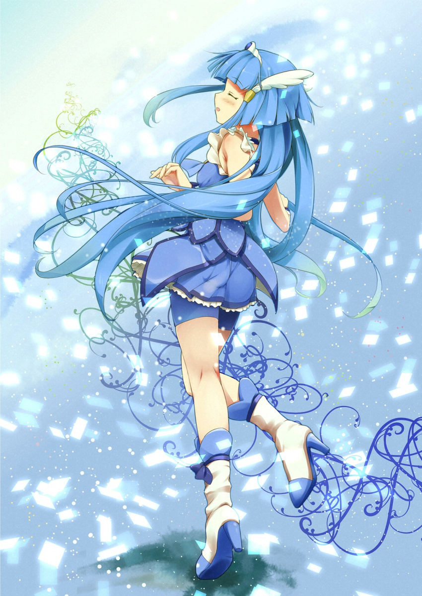 aoki_reika blue_hair blue_shorts blue_skirt blue_theme blush boots closed_eyes commentary_request cure_beauty female hair_tubes head_wings highres knee_boots kneepits long_hair magical_girl precure shorts shorts_under_skirt sidelocks skirt smile_precure solo utamaru_(konomix) wings wrist_cuffs