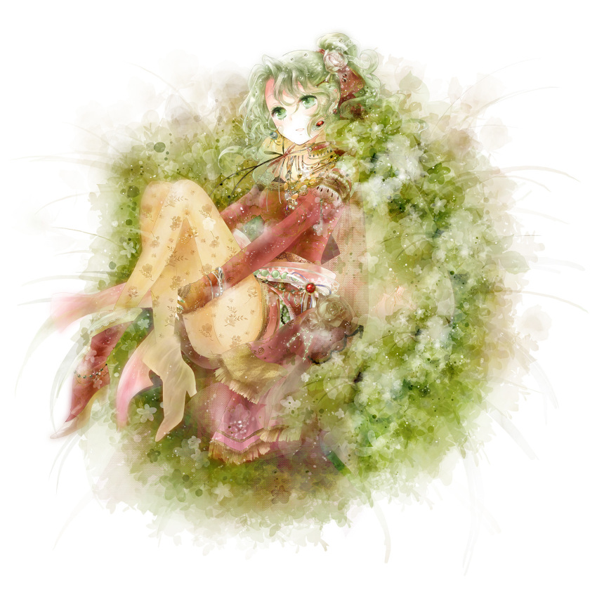 bare_legs bracelet commentary_request female final_fantasy final_fantasy_vi flower green_eyes green_hair highres hinano_(riyuko) jewelry leg_hold necklace pantyhose ponytail rose sitting solo terra_branford